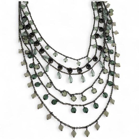 Loft Multi-Strand Beaded Statement Necklace Gunmetal Green & Gray Crystals - Picture 5 of 6